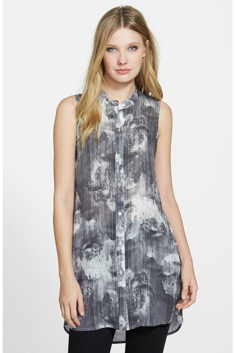 Long Print Silk Mandarin Collar Shirt, Main, color, CHARCOAL