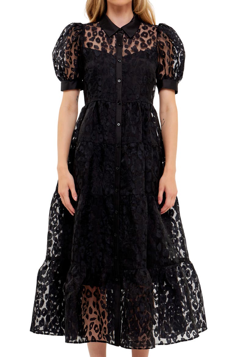 Leopard Burnout Jacquard Button-Up Dress, Alternate, color, BLACK