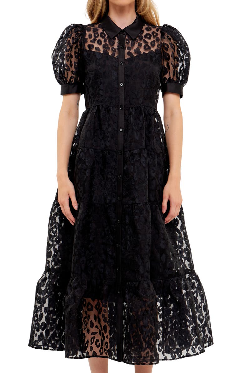 English Factory Leopard Burnout Jacquard Button-Up Dress, Alternate, color,