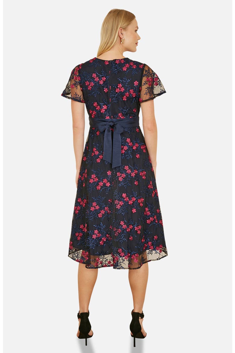 Floral Mesh Wrap Midi Skater Dress, Alternate, color, Navy
