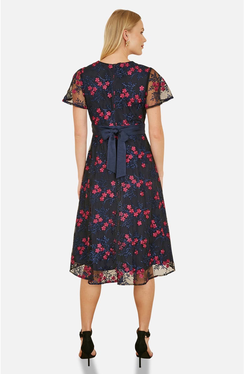 Yumi Floral Mesh Wrap Midi Skater Dress, Alternate, color, Navy