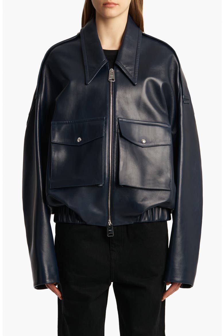Owey Plongé Leather Bomber Jacket, Main, color, DARK NAVY