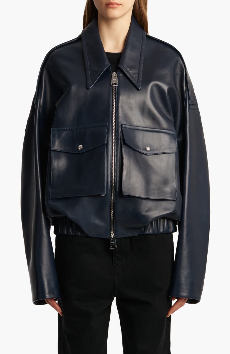 Khaite Owey Plongé Leather Bomber Jacket, Main, color, Dark Navy