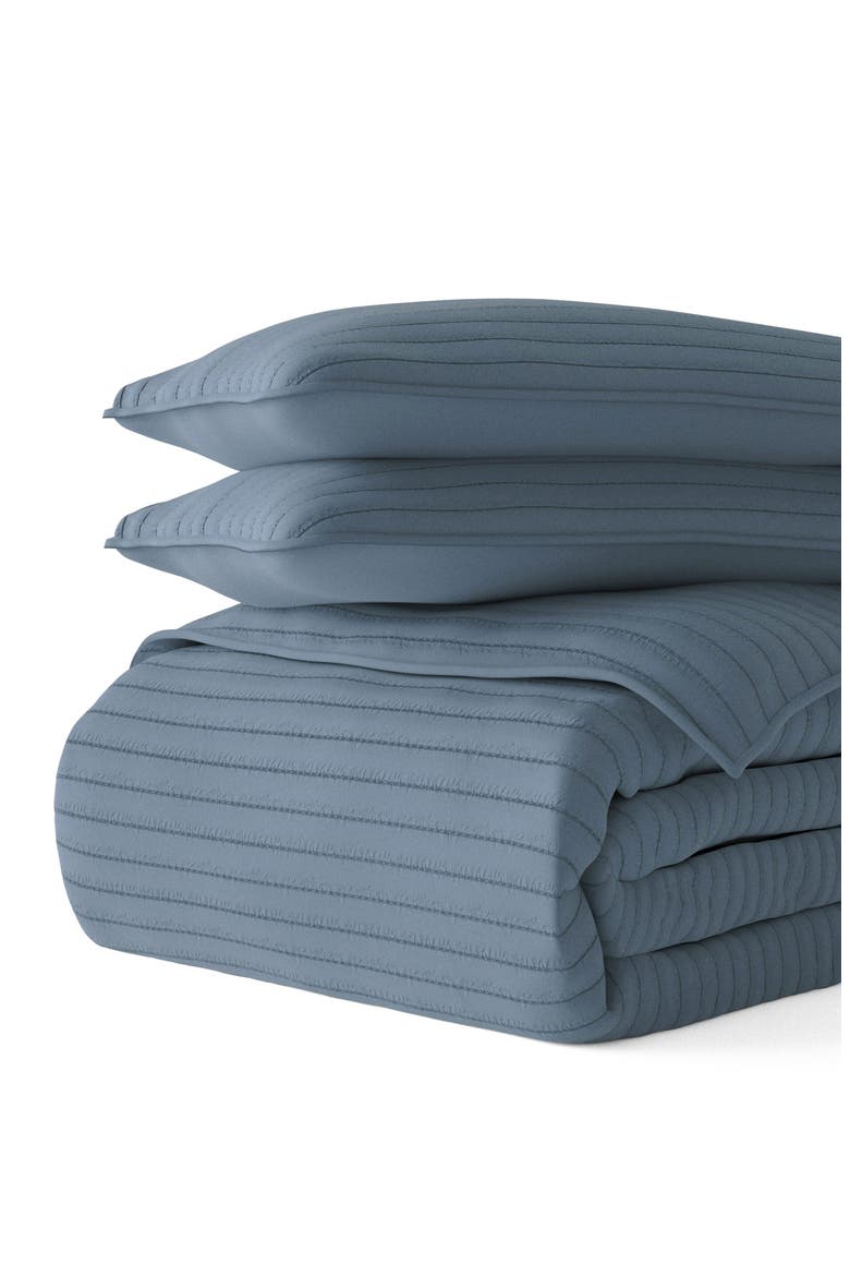 All Season Stripe Stitch 3-Piece Down Alternative Quilt Set, Alternate, color, DUSK BLUE