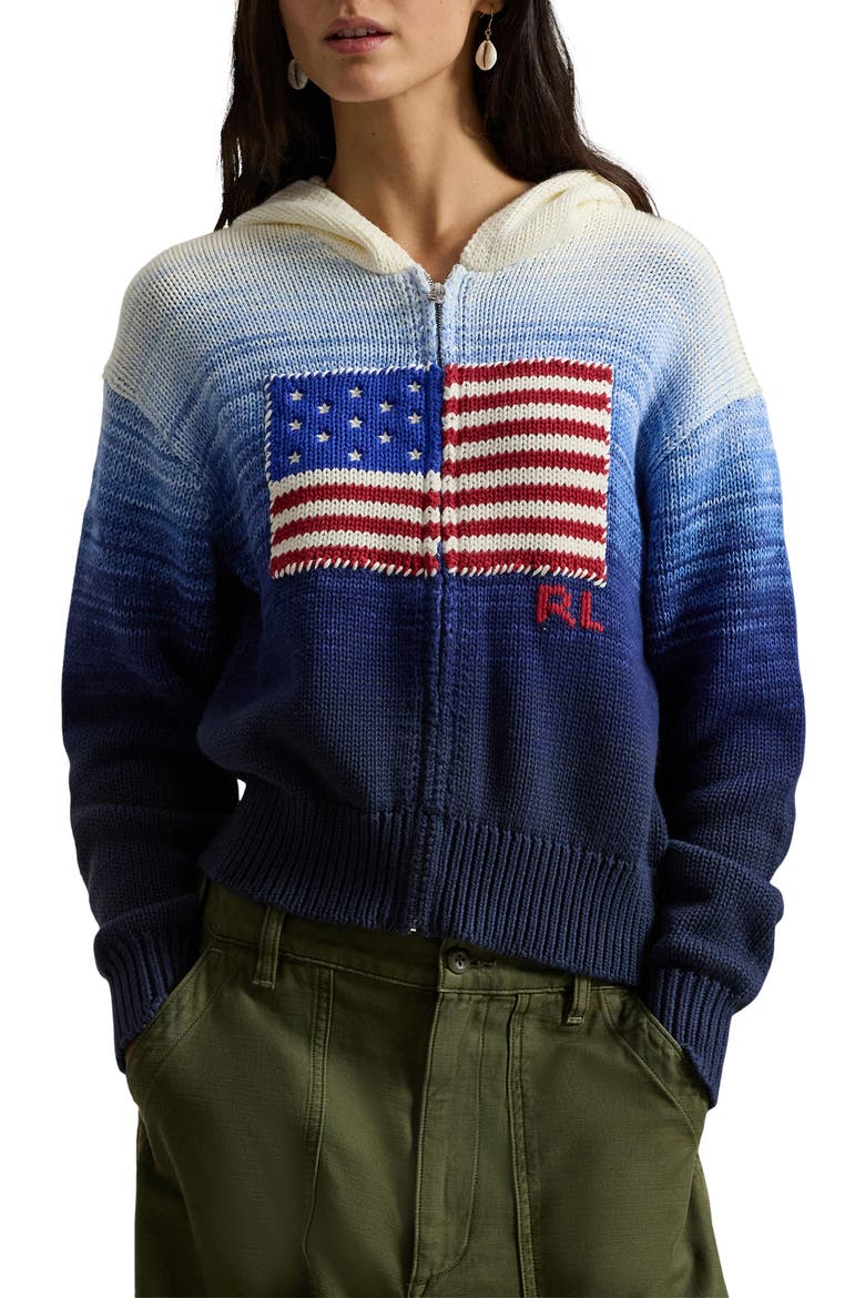 Front Zip Sweater Hoodie, Main, color, WHITE/ ROYAL BLUE