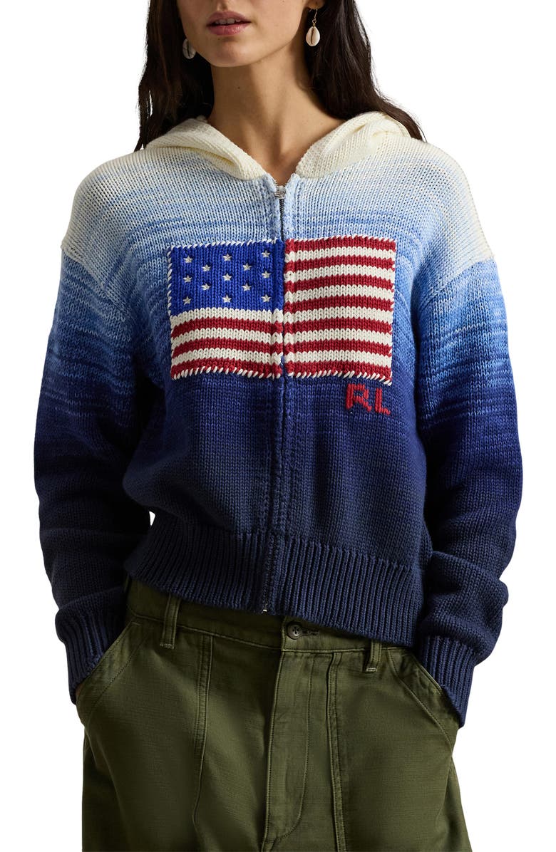 Polo Ralph Lauren Front Zip Sweater Hoodie, Main, color, White/ Royal Blue