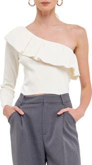 Endless Rose One-Shoulder Ruffle Rib Knit Top