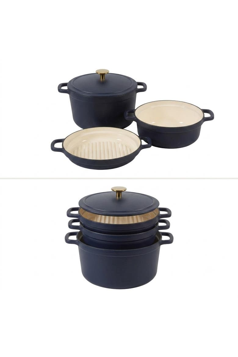 4-Piece Enameled Cast Iron Stackable Cookware Set Dutch Oven with Lid, Braiser and Grill Pan, Main, color, Navy Blue