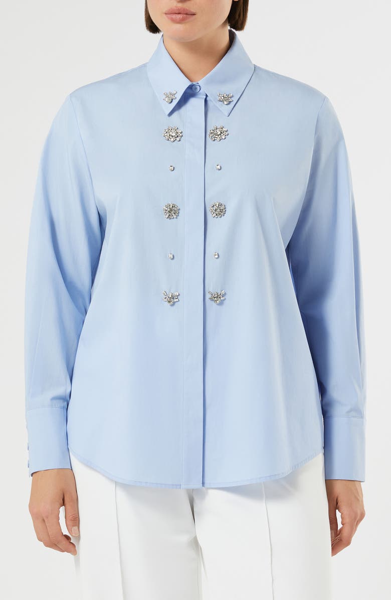 Marina Rinaldi Embellished Cotton Button-Up Shirt, Main, color, Sky Blue