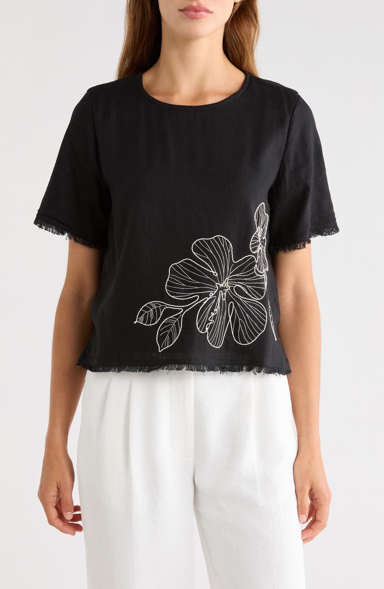 Vince Camuto Floral Embroidered Short Sleeve Top, Main, color, Rich Black