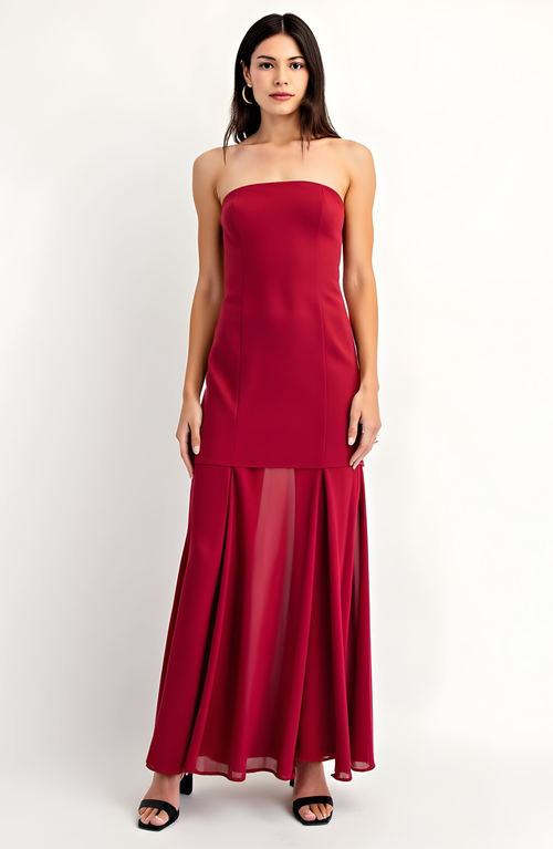 Modenaire Strapless Evening Gown With Sheer Panel Skirt And Fitted Bodice In Red