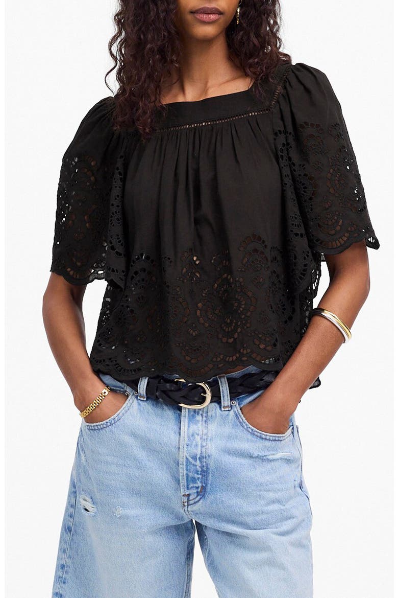 Eyelet Flutter Sleeve Cotton Blend Top, Main, color, JET BLACK