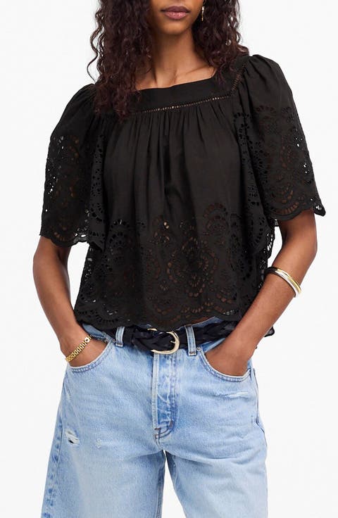 Eyelet Flutter Sleeve Cotton Blend Top