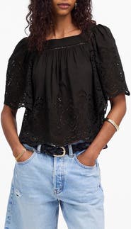 Madewell Eyelet Flutter Sleeve Cotton Blend Top