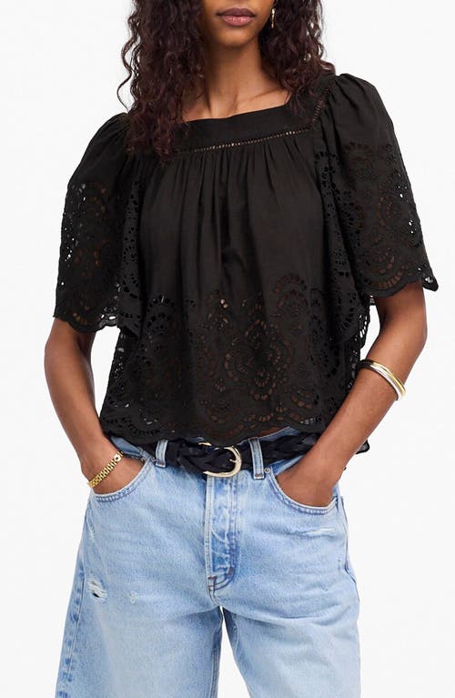 Madewell Eyelet Flutter Sleeve Cotton Blend Top In Black