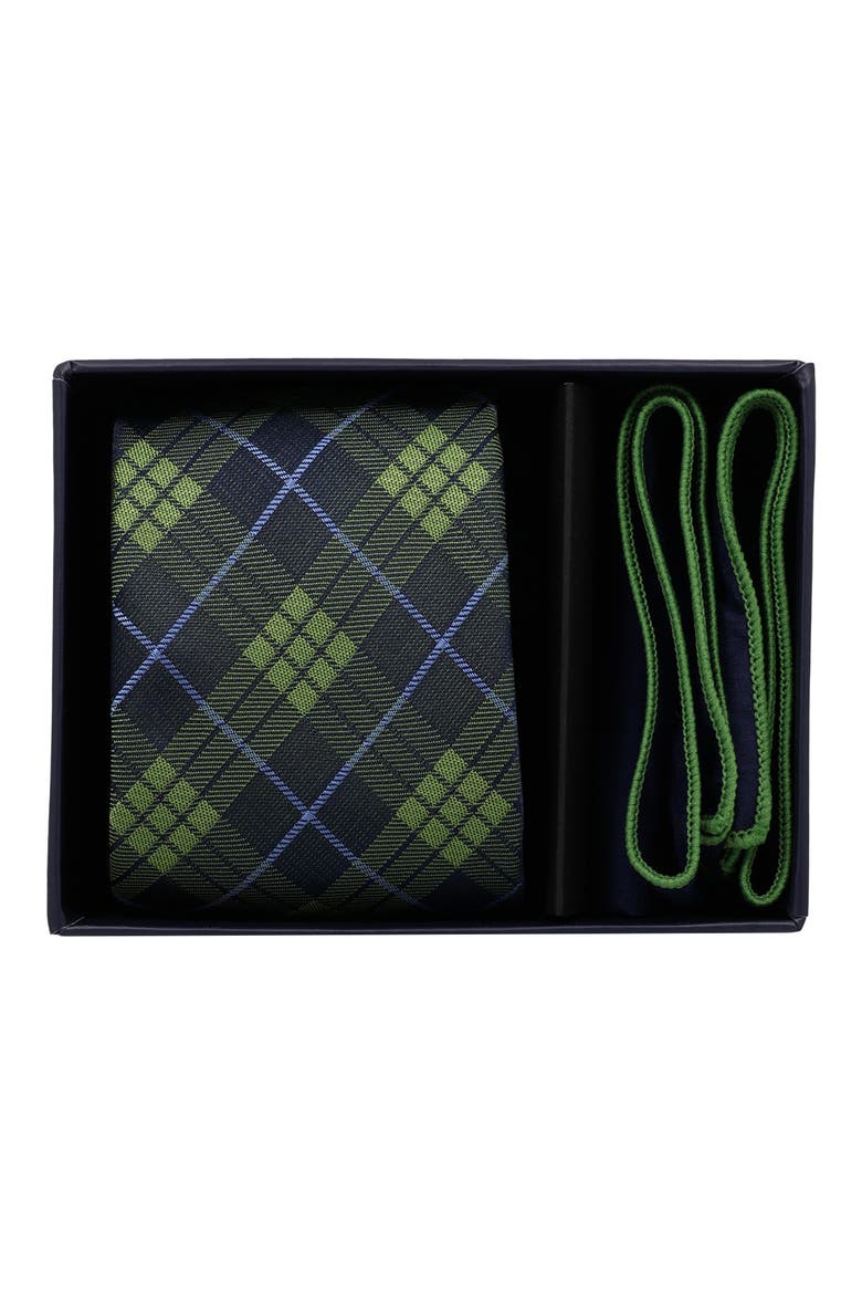 Tartan Plaid Tie & Pocket Square Set, Main, color, NAVY/ GRN