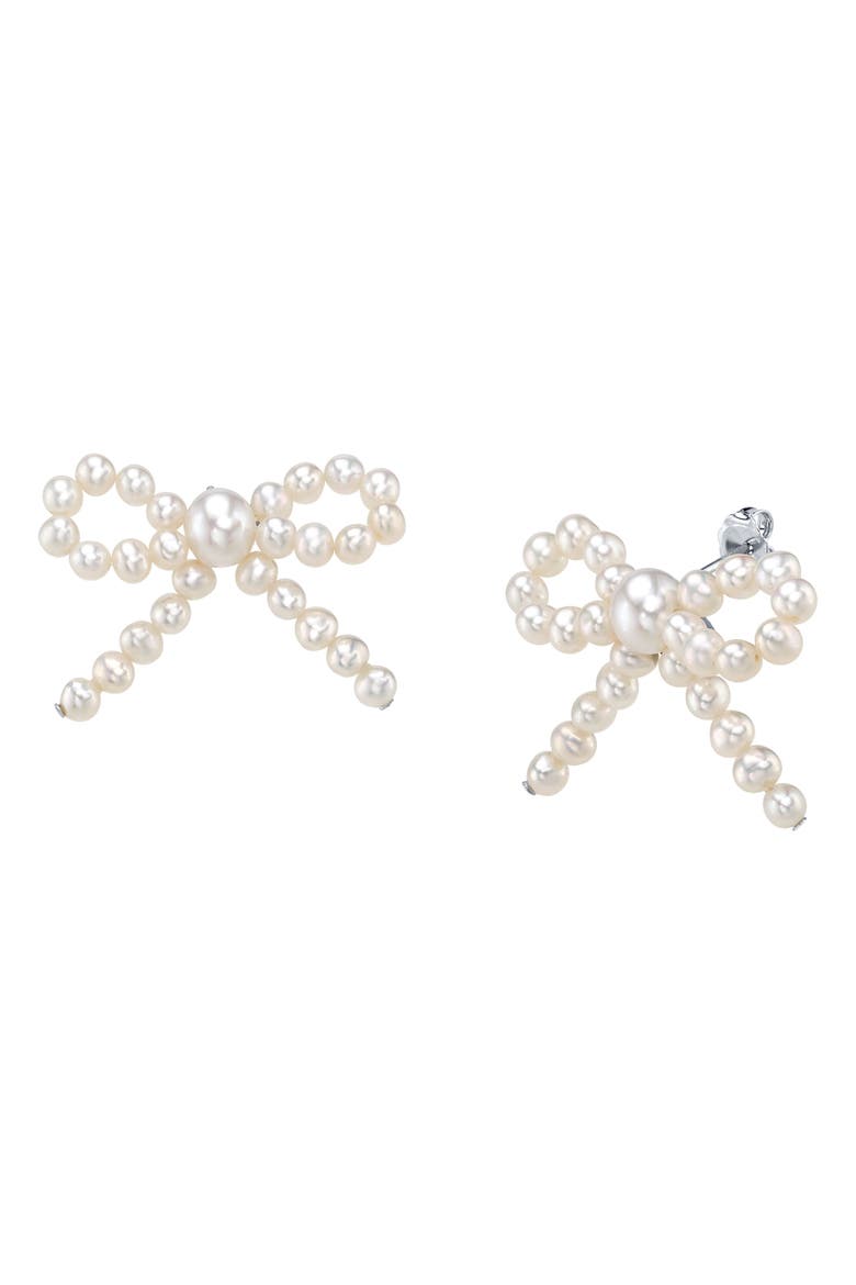White Freshwater Pearl Bow Earrings, Main, color, Sterling Silver