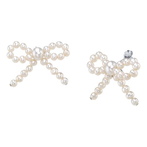 The Pearl Source White Freshwater Pearl Bow Earrings In Sterling Silver
