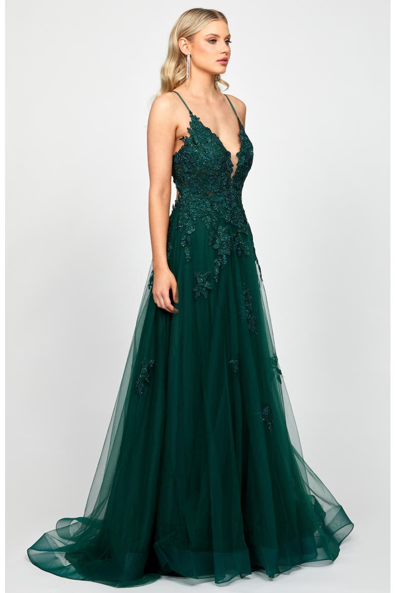 Alie Plunging Ball Gown, Alternate, color, DARK GREEN