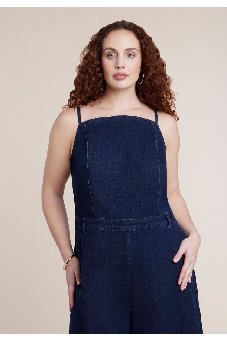 Stretch Denim Culotte Jumpsuit, Alternate, color, DARK WASH