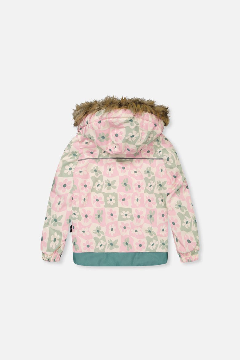 Discover Retro Faux Fur Hood Jacket & Suspender Pants Two Piece Snowsuit, Alternate, color, White with Retro Pink Print