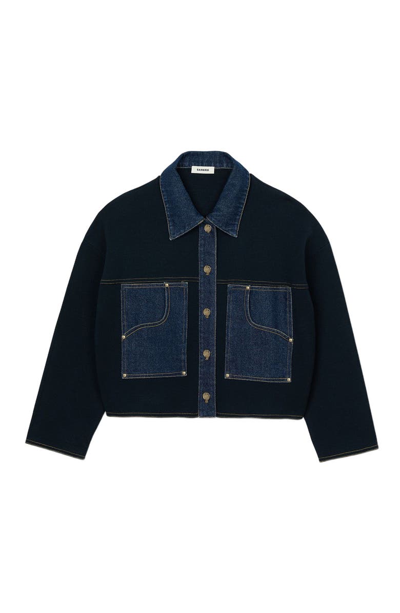 SANDRO Denim detail cardigan, Alternate, color, Navy Blue