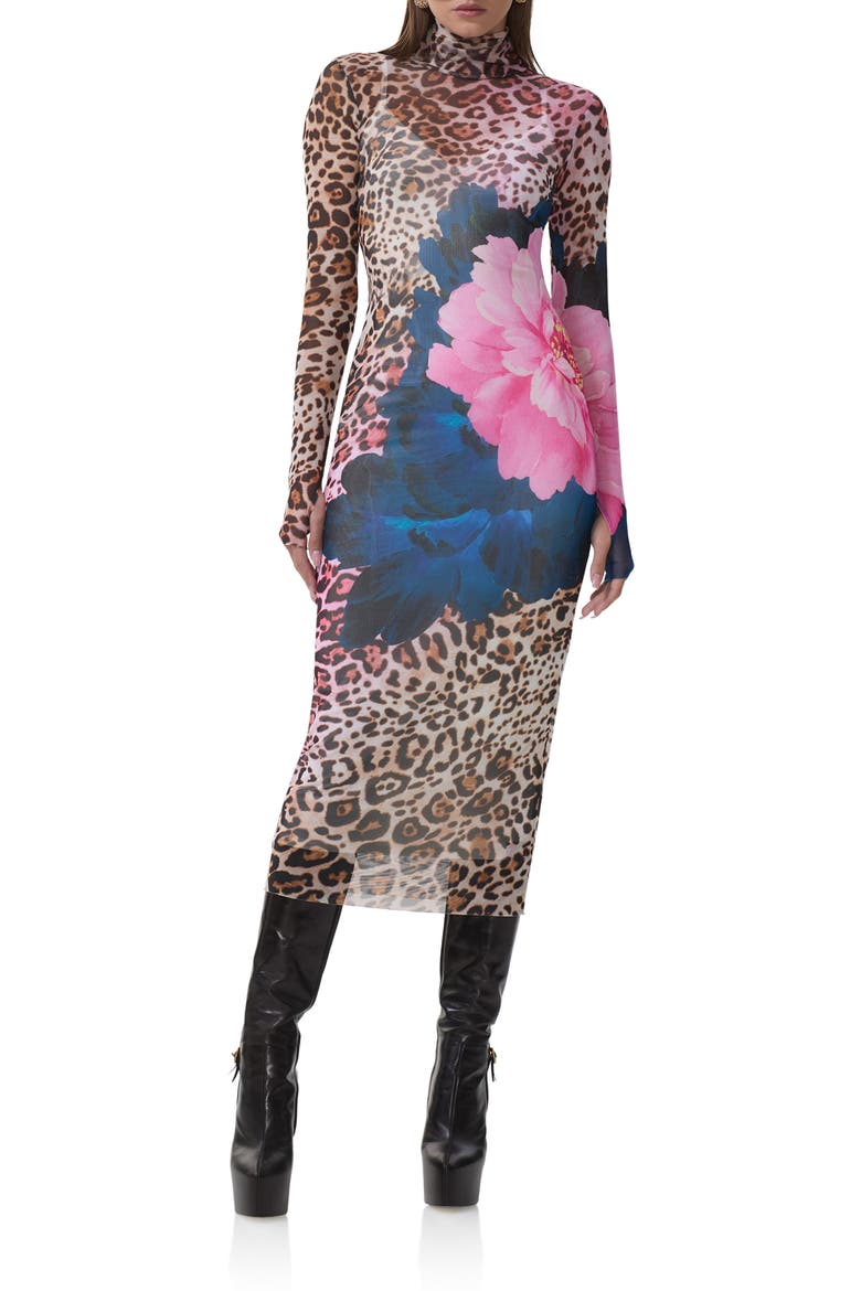 Shailene Long Sleeve Mesh Midi Dress, Main, color, ANIMAL BLOCK PEONY