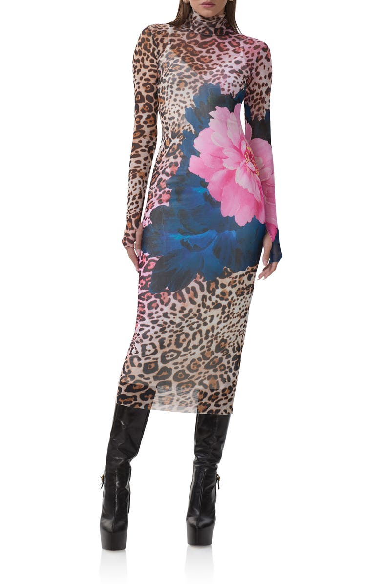 AFRM Shailene Long Sleeve Mesh Midi Dress, Main, color, Animal Block Peony