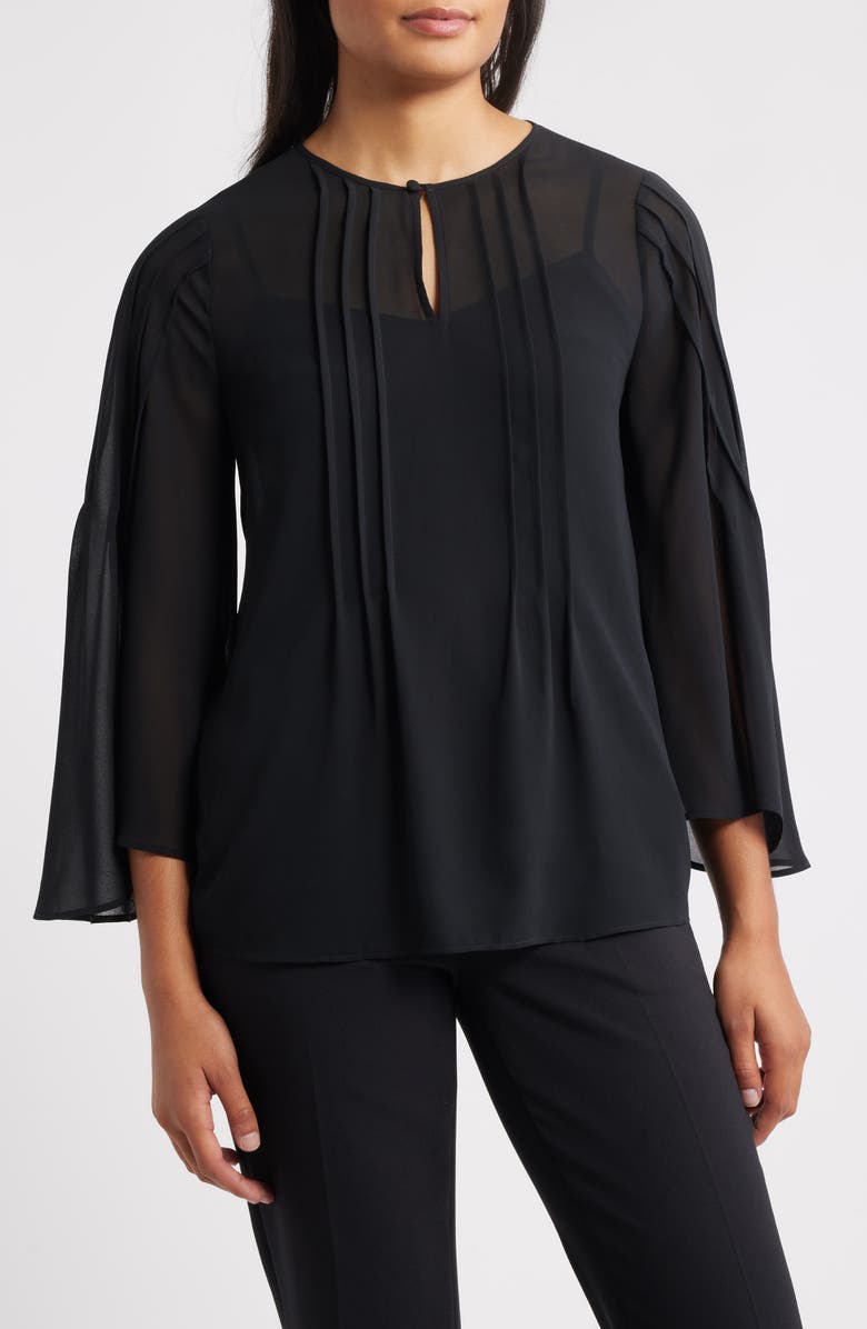 Anne Klein Pintuck Pleat Flutter Sleeve Top, Main, color, Anne Black