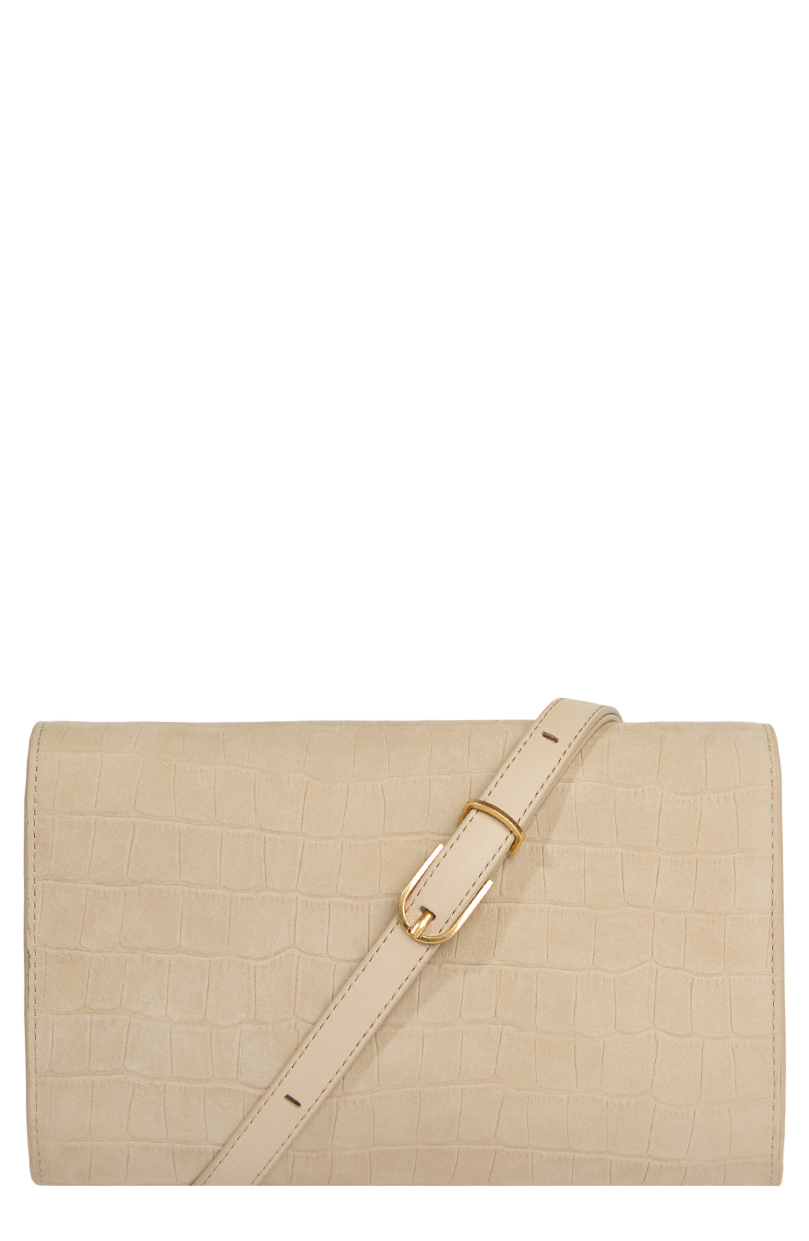 Vince Croc Embossed Nubuck Leather Wallet on a Strap, Main, color, Marzipan