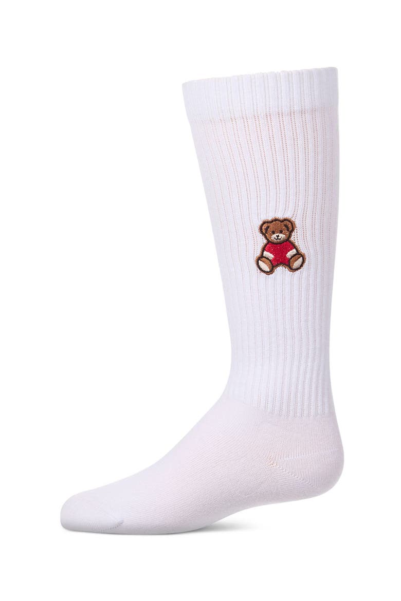 Ribbed Knee High Sock with Embroidered Teddy Bear, Main, color, White