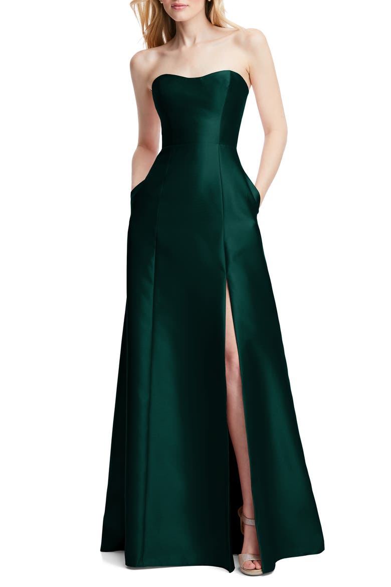 Strapless Satin A-Line Gown, Main, color, EVERGREEN