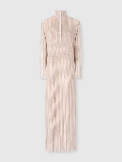 Long Button-down Dress With Lamé Stripes And Long Sleeves