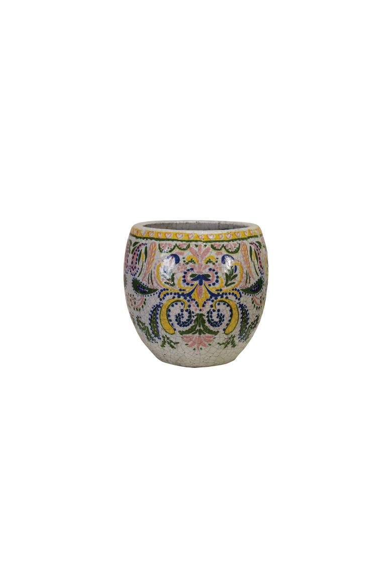 Large Terra-cotta Planter with Floral Pattern, Crackle Glaze, Multicolor, Main, color, Grey