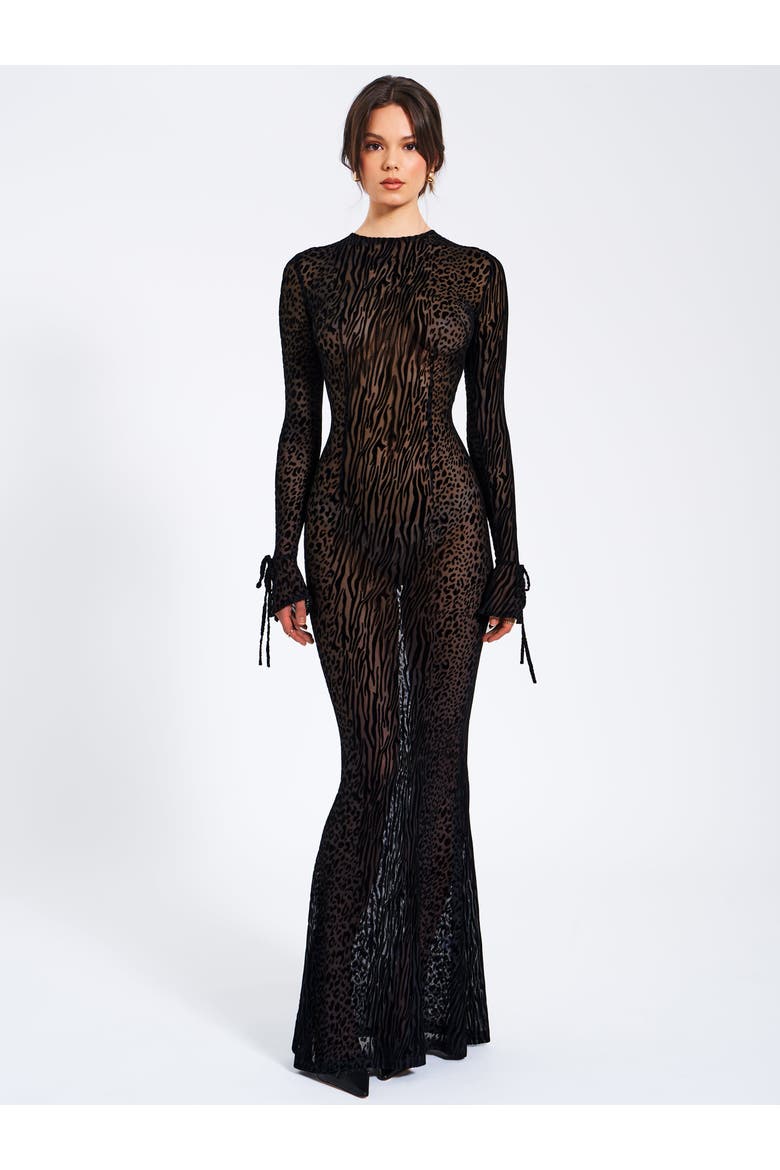 Waylyn Backless Velvet Mesh Maxi Gown, Alternate, color, Black Print