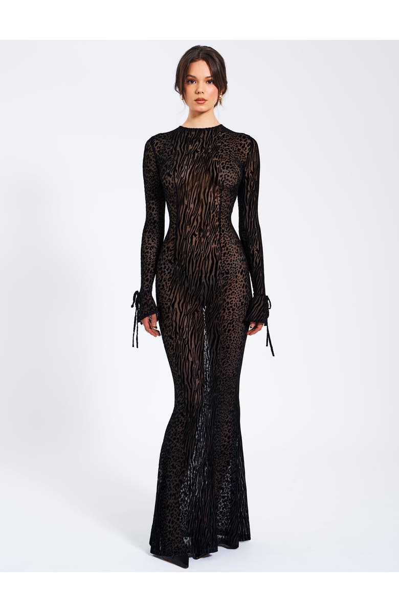 Miss Circle Waylyn Backless Velvet Mesh Maxi Gown, Alternate, color, Black Print