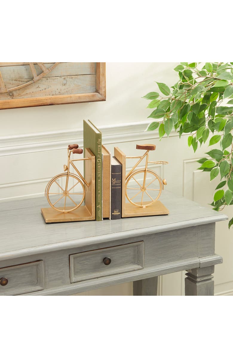 VIVIAN LUNE HOME Gold Metal Bike Bookends with Wood Accents - Set of 2, Alternate, color, 