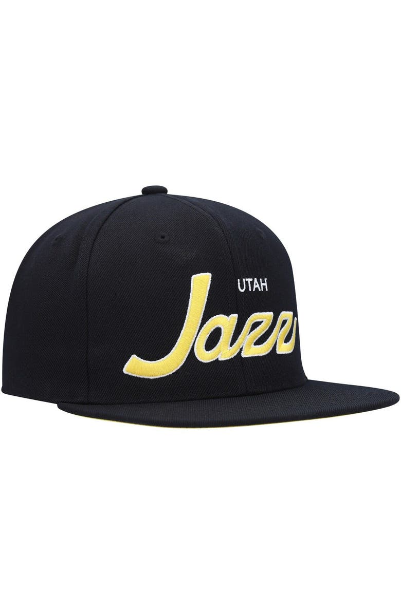 Mitchell & Ness Men's Mitchell & Ness Black Utah Jazz Hardwood Classics Script 2.0 Snapback Hat, Alternate, color, Black