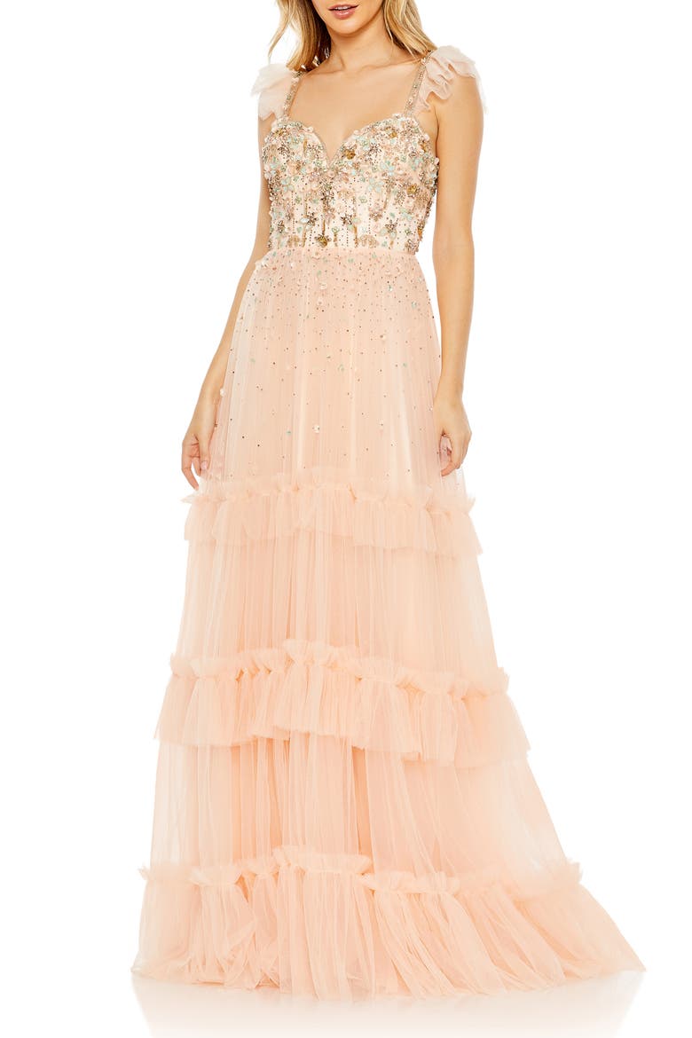 Sequin Bodice Tiered Ruffle Chiffon A-Line Gown, Main, color, APRICOT