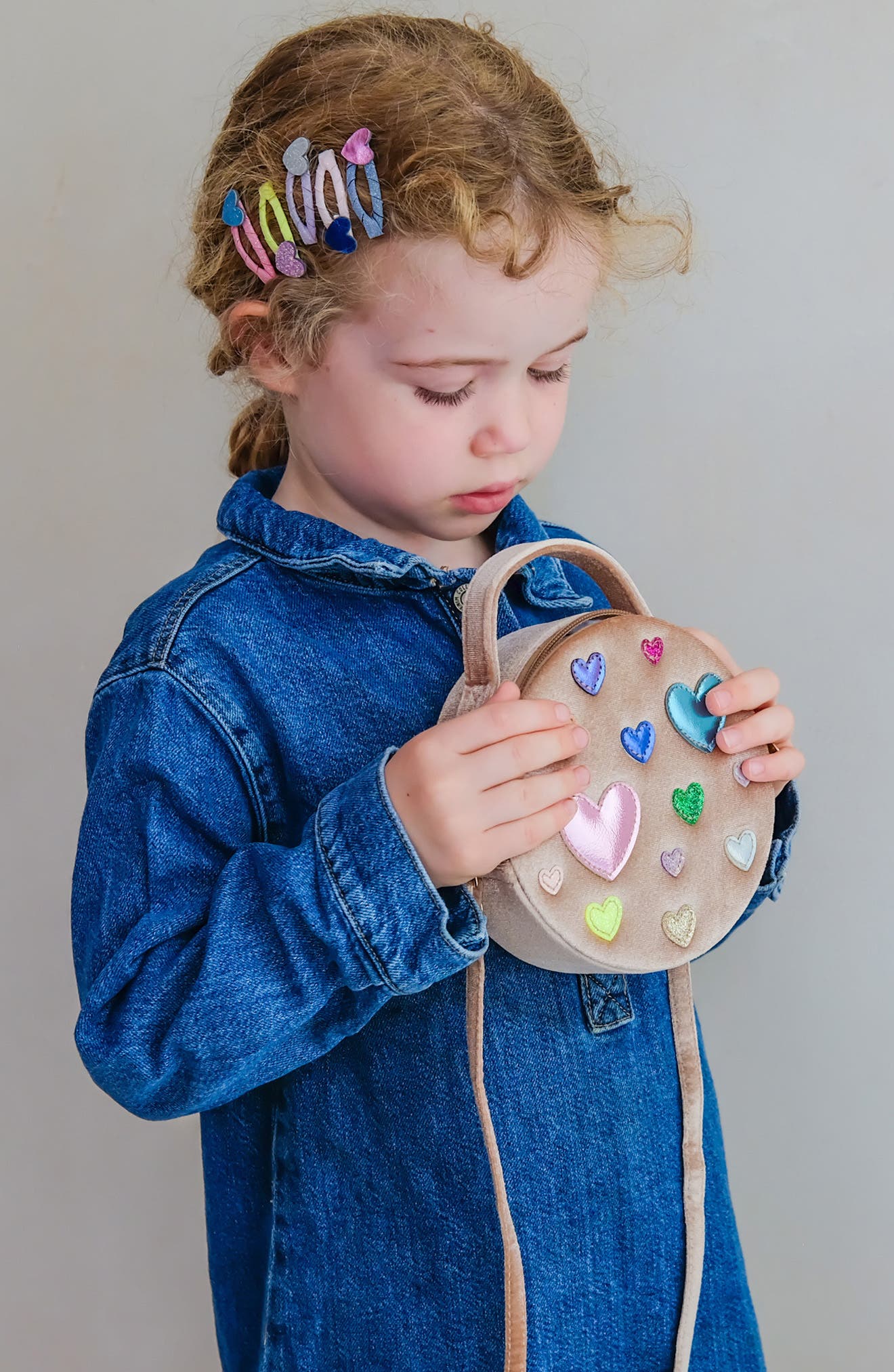 Kids' Scatter Hearts Velvet Bag, Alternate, color, LIGHT BEIGE