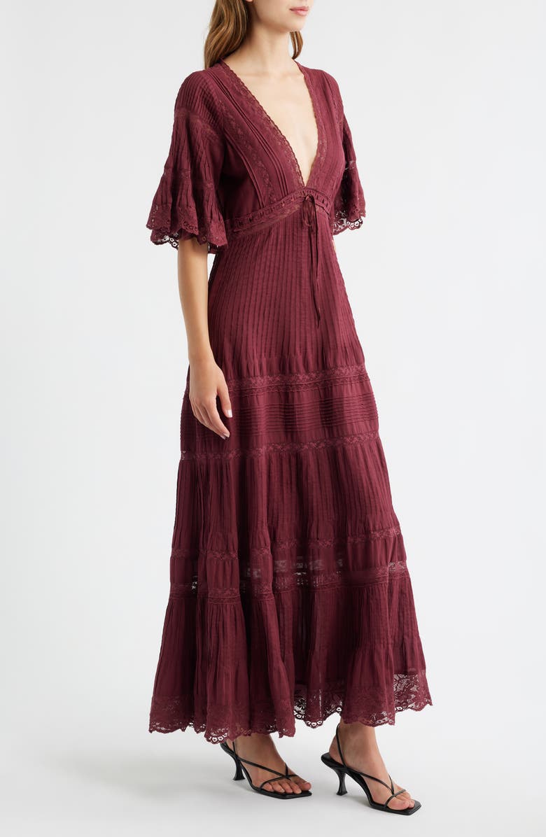 LoveShackFancy Marlowe Lace Detail Tiered Cotton Maxi Dress, Alternate, color, Spiced Berry