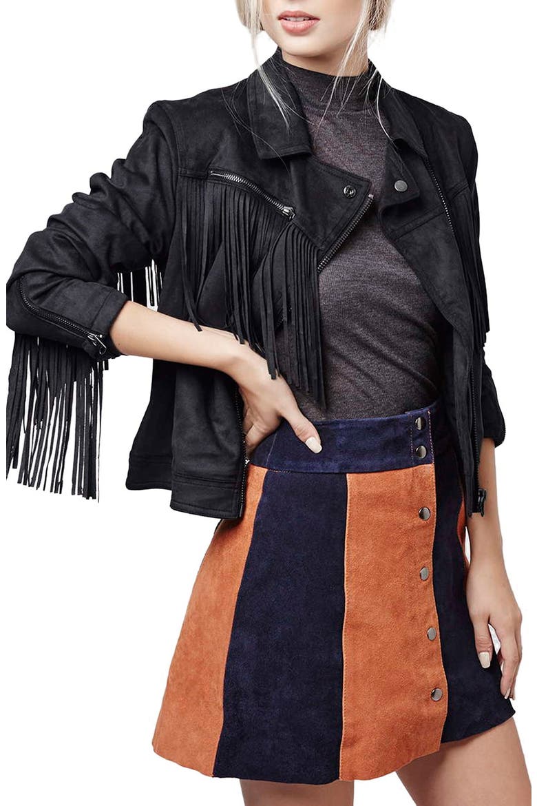 'Fliss' Asymmetrical Faux Suede Biker Jacket, Main, color, NAVY BLUE