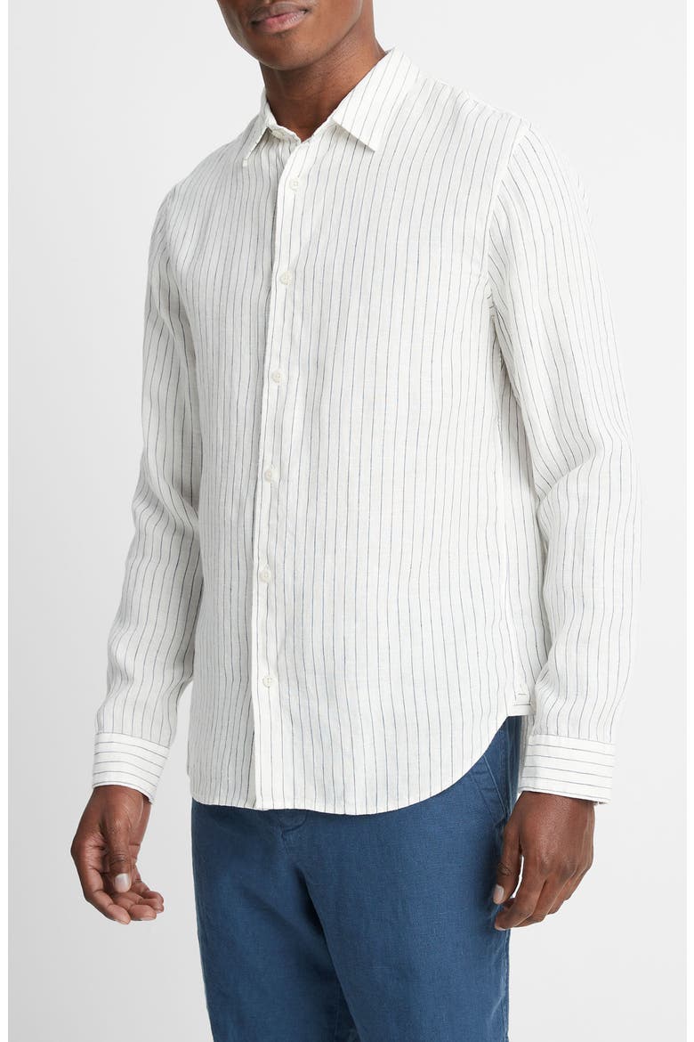 Bayside Stripe Linen Button-Up Shirt, Main, color, OPTIC WHITE/ DEEP INDIGO
