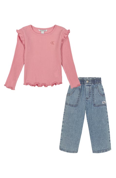 Kids' Ruffle Rib Long Sleeve Knit Top & Jeans Set (Little Kid)