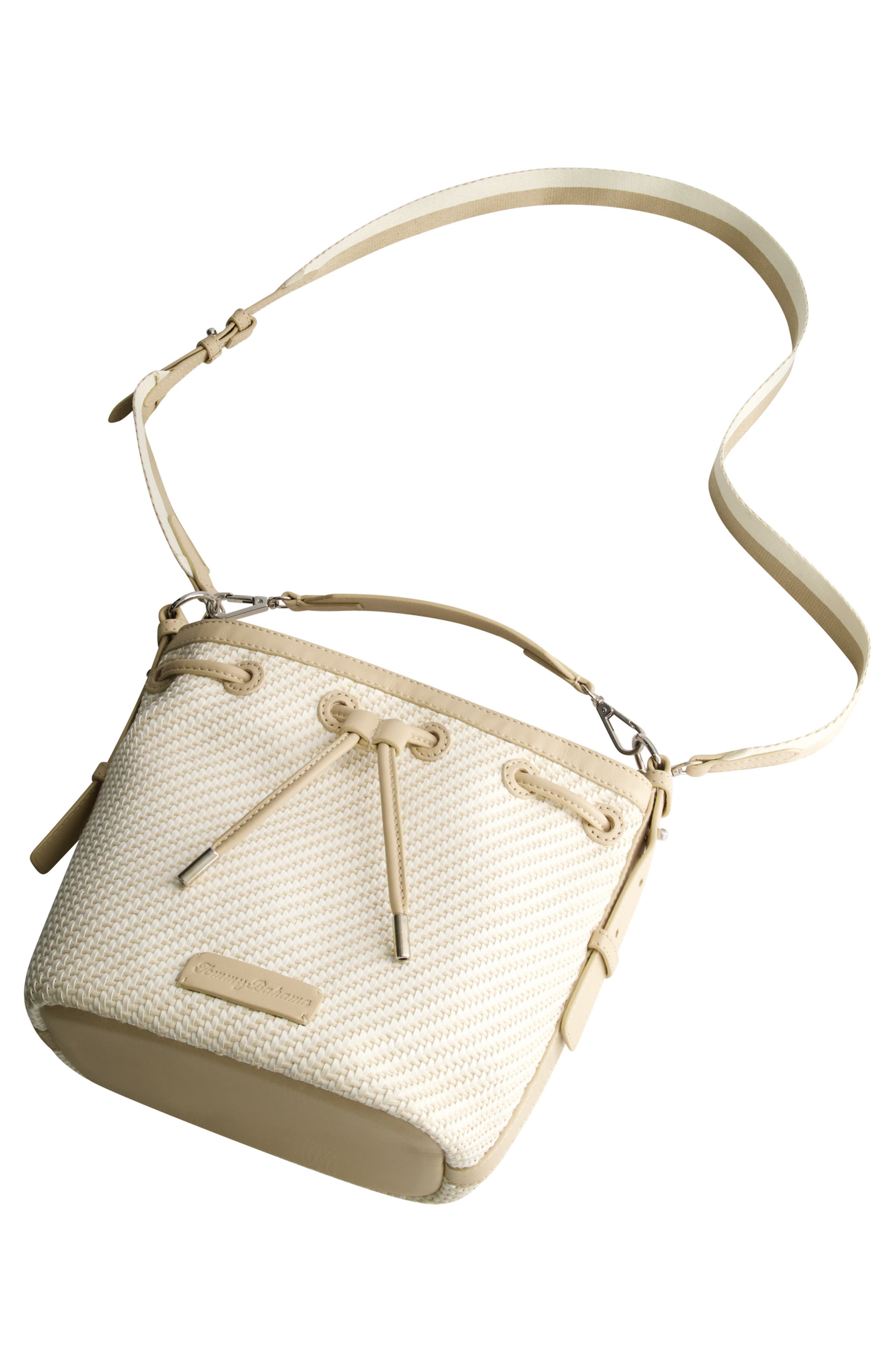 Soft Woven Drawstring Bucket Bag, Alternate, color, TAN/ WHITE