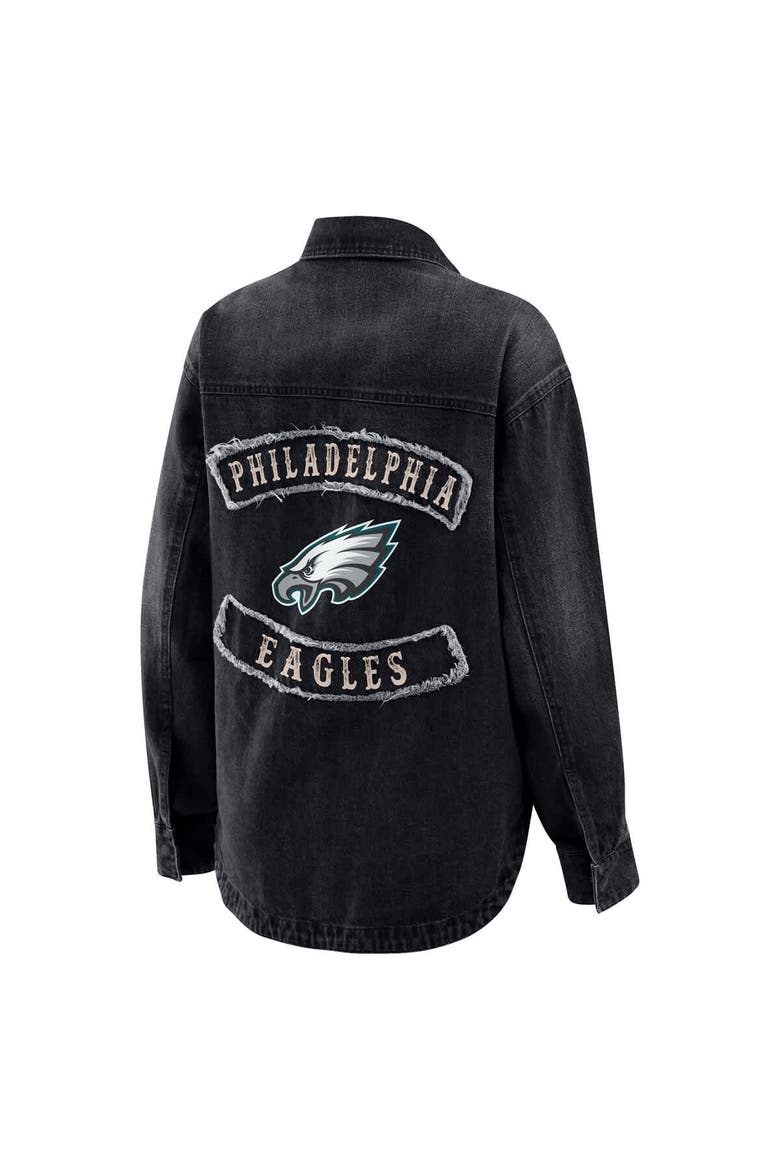 Women's WEAR by Erin Andrews Black Philadelphia Eagles Washed Oversized Denim Full-Snap Shacket, Alternate, color, Black