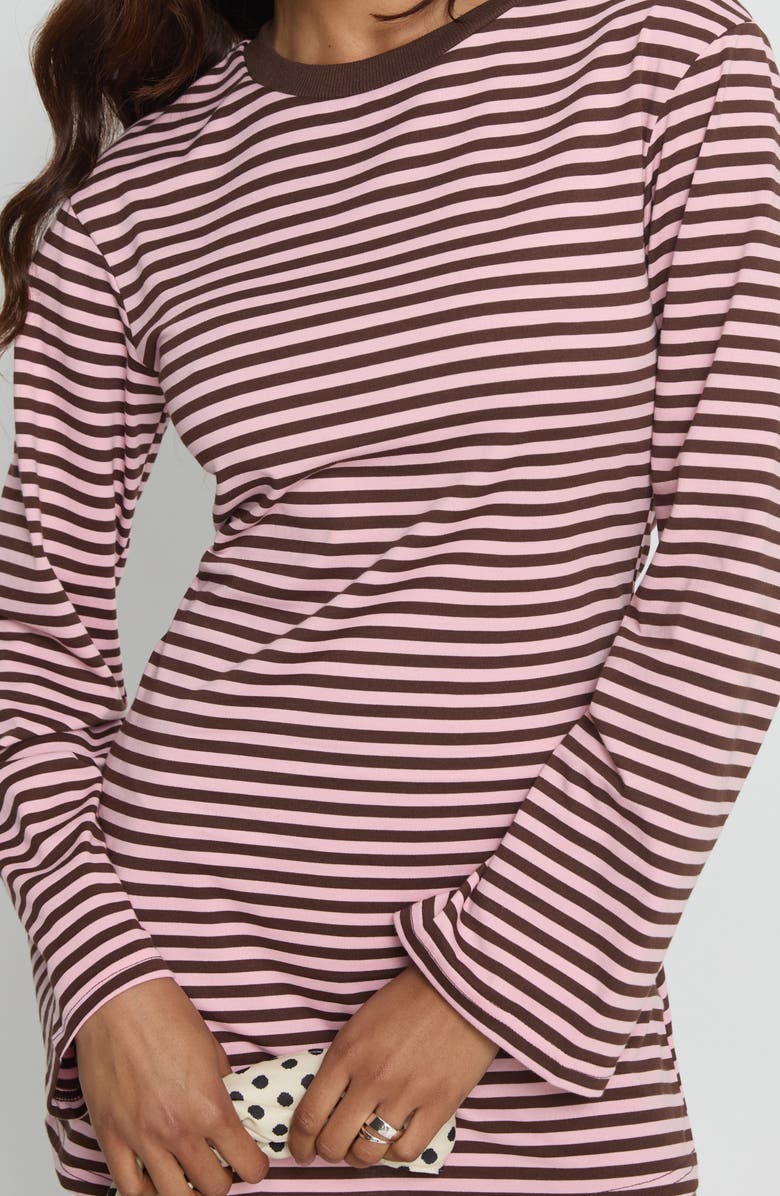 Princess Polly Lulolah Stripe Long Sleeve T-Shirt Minidress, Alternate, color, Chocolate / Pink Stripe