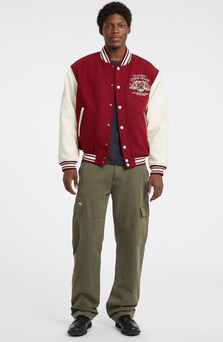 GUESS JEANS Letterman Varsity Bomber Jacket, Alternate, color, Red