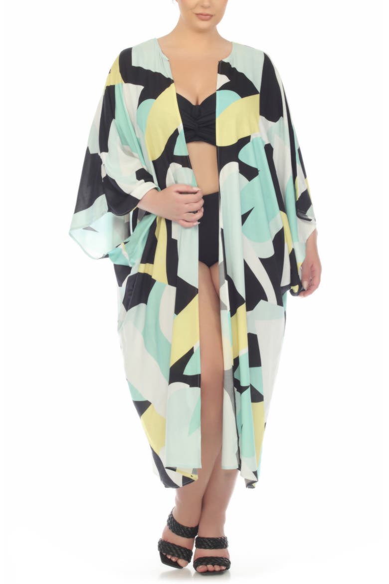 Abstract Print Ruana, Alternate, color, AQUA/ YELLOW