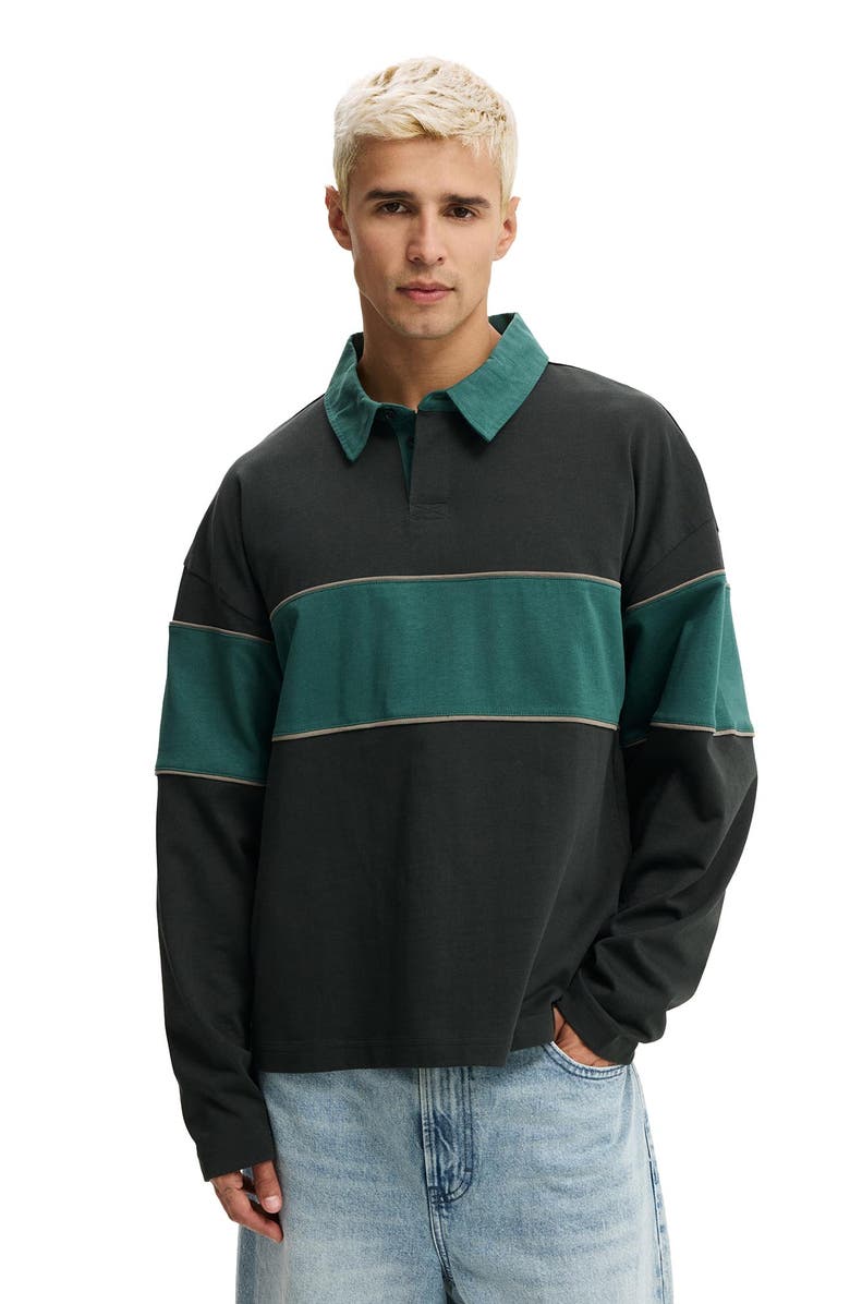Cotton On Cropped Fit Rugby Polo, Main, color, Washed Black Green Panel